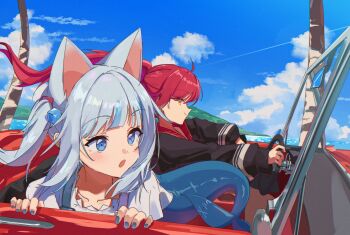 Rule 34 | 2girls, animal ears, blue eyes, car, driving, fins, fish tail, gawr gura, hololive, hololive english, houshou marine, mocchan (mo chan0225), motor vehicle, multiple girls, outdoors, red hair, shark tail, tail, virtual youtuber