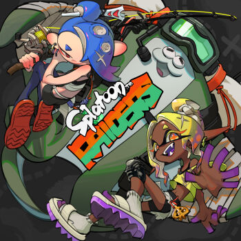 1boy 2girls big_man_(splatoon) big_man_(splatoon_raiders) bike_shorts black_shorts blonde_hair blue_hair colored_extremities colored_eyelashes colored_tongue crop_top dark-skinned_female dark_skin earrings fangs fish_hook_earrings fishing_rod frye_(splatoon) frye_(splatoon_raiders) goggles hair_over_one_eye highres holding holding_fishing_rod inkling jewelry knee_pads long_pointy_ears multiple_girls nanisorei nintendo octoling open_mouth pointy_ears purple_tongue red_eyes sandals shiver_(splatoon) shiver_(splatoon_raiders) short_eyebrows shorts single_knee_pad smile splatoon_(series) splatoon_raiders tentacle_hair thighhighs toeless_socks topknot yellow_eyes