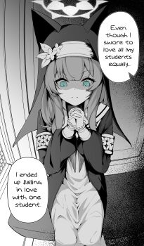 Rule 34 | 1girl, absurdres, animal ear headwear, blue archive, blue eyes, closed mouth, clover dot (clov erd), commentary, confessional, empty eyes, english commentary, english text, fake animal ears, greyscale, halo, highres, interlocked fingers, long sleeves, mari (blue archive), monochrome, nun, own hands clasped, own hands together, shaded face, sitting, solo, speech bubble, split mouth, spot color, straight-on