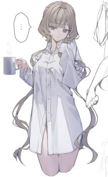 ... 1girl absurdres alternate_costume blue_eyes buttons closed_mouth coffee_mug cup drinking_glass genshin_impact grey_hair highres holding holding_cup long_hair long_sleeves mug naked_shirt oversized_clothes oversized_shirt partially_unbuttoned sandrone_(genshin_impact) sato_inryo shirt simple_background solo speech_bubble steam thighs white_background white_shirt