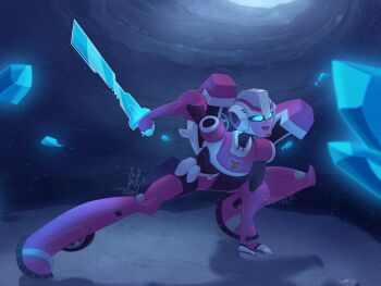 1girl 2017 arcee autobot blue_eyes breasts gemxfirex glowing glowing_eyes helmet humanoid_robot mecha mecha_focus medium_breasts panties pink_lips pink_panties robot robot_girl solo sword transformers transformers_animated underwear weapon