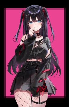 1girl 1go_(2gemozi) asymmetrical_legwear belt belt_buckle black_belt black_border black_hair black_shirt black_skirt blue_eyes border buckle chain choker closed_mouth commentary cowboy_shot crop_top crop_top_overhang cropped_shirt cross-laced_clothes cross-laced_sleeves detached_sleeves double-parted_bangs fishnet_thighhighs fishnets hair_between_eyes hair_intakes hair_ornament hair_ribbon hand_up heart heart_hair_ornament heart_o-ring highres jpeg_artifacts light_blush light_smile long_bangs long_hair long_sleeves o-ring o-ring_choker off-shoulder_shirt off_shoulder outside_border pink_background plaid_choker plaid_clothes plaid_ribbon pleated_skirt print_shirt red_ribbon ribbon shirayuki_hina shirt simple_background single_thighhigh skirt sleeves_past_wrists solo standing stellive straight_hair symbol-only_commentary thigh_strap thighhighs torn_clothes torn_shirt very_long_hair virtual_youtuber