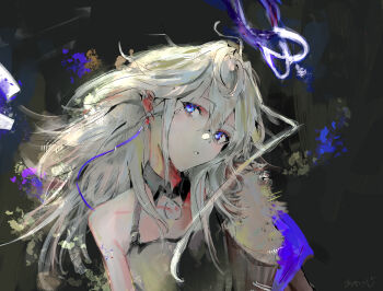 1girl :o ahoge arknights ayatsuji_k backlighting bare_shoulders black_background black_collar black_dress blue_eyes blue_halo blue_ribbon collar collarbone commentary_request detached_collar double_halo dress fur-trimmed_jacket fur_trim hair_between_eyes halo head_tilt highres jacket long_sidelocks looking_at_viewer mole mole_under_eye parted_lips ribbon ribbon_earrings shoulder_tattoo sidelocks sideways_glance signature single_bare_shoulder solo tattoo tearing_up upper_body vannini_(arknights) white_hair