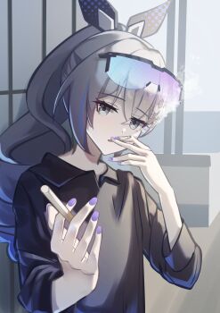 1girl absurdres alternate_costume black_shirt cigarette commentary_request eyewear_on_head grey_eyes grey_hair hair_ribbon hands_up highres holding holding_cigarette honkai:_star_rail honkai_(series) incoming_cigarette long_hair long_sleeves looking_at_viewer memeiradesuyo nail_polish ponytail purple-tinted_eyewear purple_nails ribbon shirt silver_wolf_(honkai:_star_rail) smoke smoking solo tinted_eyewear