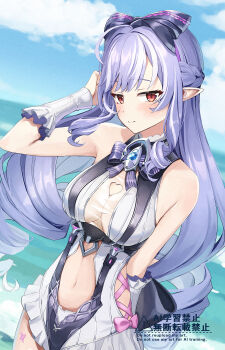 1girl absurdres bare_shoulders blue_sky bow bowtie breasts casual_one-piece_swimsuit closed_mouth clothing_cutout commentary cowboy_shot cyclone_tarou day hair_bow heart_cutout highres light_blush long_hair looking_at_viewer md5_mismatch medium_breasts multicolored_hair navel ocean official_alternate_costume one-piece_swimsuit outdoors pointy_ears purple_bow purple_bowtie purple_hair red_eyes sidelocks sky solo stomach stomach_cutout streaked_hair swimsuit thighs very_long_hair vivian_banshee vivian_banshee_(iris_of_the_shore) white_one-piece_swimsuit zenless_zone_zero