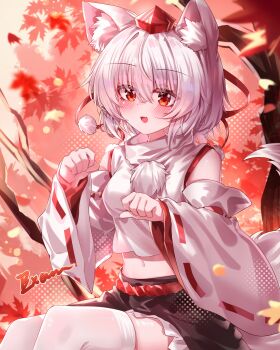 Rule 34 | 1girl, :d, absurdres, animal ears, autumn leaves, black skirt, blush, breasts, chinese commentary, commentary request, detached sleeves, falling leaves, fang, frilled skirt, frills, grey hair, hat, highres, inubashiri momiji, leaf, looking at viewer, medium breasts, medium hair, miniskirt, open mouth, paw pose, pom pom (clothes), red eyes, red hat, ribbon-trimmed sleeves, ribbon trim, skin fang, skirt, smile, solo, tail, thighhighs, tokin hat, top-exerou, touhou, white thighhighs, wolf ears, wolf girl, wolf tail