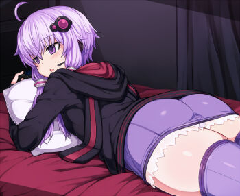 1girl ahoge animal_hood ass controller female_focus game_controller hair_ornament hairclip headset hood hood_down hooded_jacket hoodie indoors jacket long_hair low_twintails lying miniskirt null_(nyanpyoun) on_stomach open_mouth pillow purple_eyes purple_hair purple_thighhighs rabbit_hood short_hair_with_long_locks skirt solo thighhighs twintails vocaloid voiceroid yuzuki_yukari