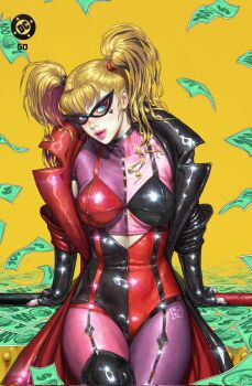1girl banknote black_coat black_leotard black_nails blonde_hair blue_eyes breasts coat dc_comics dollar_bill eye_mask facial_mark harley_quinn heart heart_facial_mark highres kyu_yong_eom large_breasts leotard looking_at_viewer mask money multicolored_coat multicolored_hair multicolored_leotard pantyhose parted_lips pink_lips pink_pantyhose purple_hair purple_pantyhose red_coat red_leotard red_nails sitting solo twintails two-tone_coat two-tone_hair two-tone_leotard two-tone_pantyhose yellow_background