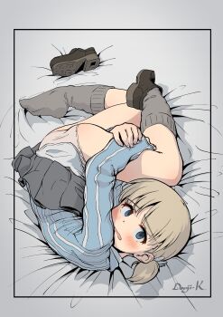 1girl absurdres aki_(girls_und_panzer) ass bed blonde_hair blue_eyes commentary_request girls_und_panzer highres jacket keizoku_military_uniform kuroneko_douji on_bed panties pleated_skirt short_hair skirt track_jacket twintails underwear upskirt