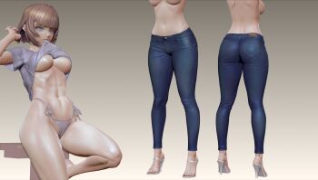 1girl 3d adjusting_hair arm_support ass blue_eyes breasts brown_hair cameltoe gradient_background high_heels highres large_breasts leslyzerosix medium_hair mouth_hold multiple_views navel original pants shirt underboob white_shirt