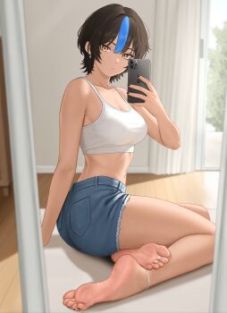 Rule 34 | 1girl, anklet, barefoot, black hair, brown eyes, cellphone, feet, highres, jewelry, looking at viewer, medium hair, mirror selfie, multicolored hair, nihu, original, parted lips, phone, selfie, shorts, smartphone, soles, streaked hair, toe ring, toes