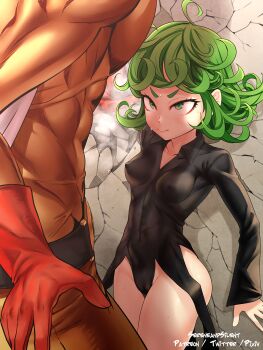 1boy 1girl absurdres black_dress blush breasts curly_hair dress green_eyes grey_hair highres kabedon medium_hair no_panties one-punch_man patreon_username petite saitama_(one-punch_man) sereneandsilent short_hair small_breasts tatsumaki