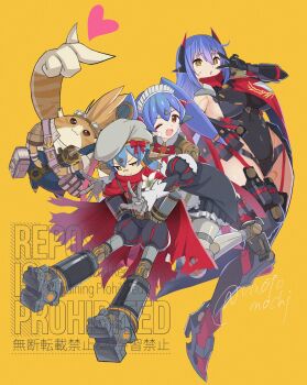 1boy 3girls :3 age_progression android anniversary apron belt bow breasts bright_pupils brown_eyes brown_fur commentary_request dual_persona hat hat_bow heart highres joints large_breasts looking_at_viewer maid maid_apron maid_headdress multiple_girls nopon one_eye_closed poppi_(xenoblade) poppi_alpha_(xenoblade) poppi_qtpi_(xenoblade) pouch red_bow robot_joints smile tora_(xenoblade_2) umotomochi v v_over_eye watermark white_hat white_pupils wrench xenoblade_chronicles_(series) xenoblade_chronicles_2 yellow_background yellow_eyes