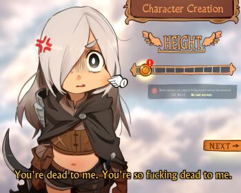 1girl absurdres age_regression aged_down anger_vein attribute_slider belt black_belt black_cape black_shorts borrowed_character brown_gloves brown_shirt cape cheek_pull crop_top dagger english_text gameplay_mechanics gloves grey_hair hair_over_one_eye highres holding holding_dagger holding_knife holding_weapon hood hood_down khyle. knife loli long_hair long_sleeves looking_at_viewer midriff navel original shirt shorts slider solo stomach subtitled weapon