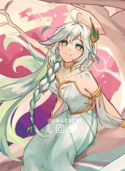 1girl ahoge artist_name braid branch breasts closed_mouth commentary cross-shaped_pupils detached_sleeves dress english_commentary floating_hair genshin_impact gold_trim gradient_hair green_eyes green_hair hair_between_eyes hair_intakes hair_ornament in_tree instagram_logo jewelry leaf_hair_ornament long_hair looking_at_viewer medium_breasts multicolored_hair neck_ring pointy_ears rukkhadevata_(genshin_impact) side_braid sidelocks single_braid sitting sitting_in_tree smile solo soulc1ty split_mouth strapless strapless_dress streaked_hair symbol-shaped_pupils tree twitter_logo very_long_hair white_dress white_hair white_sleeves