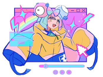 :d anzu_(01010611) bare_shoulders blue_hair blush bow-shaped_hair character_hair_ornament hair_ornament highres iono_(pokemon) jacket loading_screen long_hair long_sleeves media_player_interface nintendo open_mouth pink_eyes pink_hair pokemon pokemon_sv sharp_teeth sleeves_past_fingers sleeves_past_wrists smile teeth upper_body upper_teeth_only very_long_hair wide_sleeves yellow_jacket