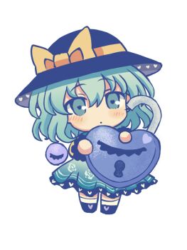 Rule 34 | 1girl, black hat, blush, bow, chibi, chibi only, commentary request, eyeball, floral print, frilled sleeves, frills, green eyes, green hair, green skirt, hat, hat bow, heart, heart-shaped pupils, highres, komeiji koishi, lock, long sleeves, looking at viewer, medium hair, oversized object, print skirt, rose print, shirt, silverrain, simple background, skirt, solo, symbol-shaped pupils, third eye, touhou, white background, yellow bow, yellow shirt