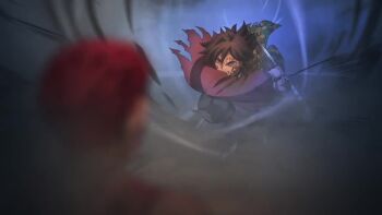 3boys akaza_(kimetsu_no_yaiba) animated battle destruction kimetsu_no_yaiba multiple_boys sword tagme tomioka_giyuu video weapon