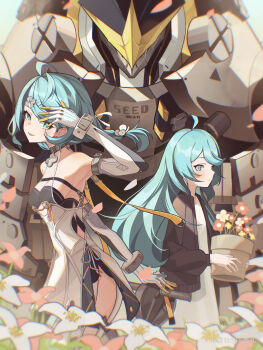2girls absurdres aged_down ahoge ammunition_pouch arm_up armpits bare_shoulders blue_eyes blue_hair blurry blurry_foreground braid braided_ponytail brown_jacket closed_mouth clothing_cutout commentary_request cowboy_shot detached_sleeves dress falling_petals field flower flower_field flower_hairpin flower_pot formal_clothes from_side gloves hair_ornament hairpin hand_on_own_head highres holding holding_flower_pot humanoid_robot jacket jizaier joints long_hair looking_at_viewer mechanical_arms mechanical_hands mole mole_on_shoulder multiple_girls open_mouth petals pouch red_flower robot robot_joints see-through_dress_layer seed_(zenless_zone_zero) seed_sr. side_cutout suit thigh_cutout white_dress white_flower white_gloves white_suit yellow_flower zenless_zone_zero