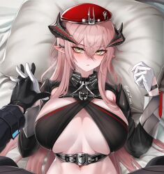 Rule 34 | 1boy, 1girl, arknights, artist name, black gloves, blush, breasts, ear blush, gloves, hat, head on pillow, hetero, highres, holding hands, horns, interlocked fingers, large breasts, long hair, long sleeves, looking at viewer, lying, mildt, navel, on back, parted lips, pink hair, red hat, revealing clothes, solo focus, steaming body, tsurime, twitter username, ulsulah (arknights), underbust, upper body, very long hair, white gloves, yellow eyes