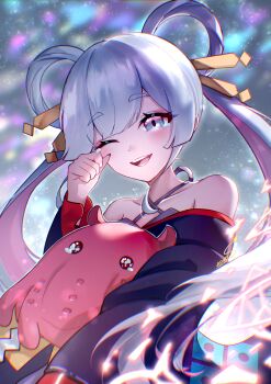 Rule 34 | 1girl, bare shoulders, blue eyes, blush, cho kaguya-hime!, collarbone, commentary request, crying, crying with eyes open, floating hair, grin, hair ornament, hair rings, hair stick, highres, japanese clothes, kimono, long hair, looking at viewer, octopus, one eye closed, open mouth, portrait, purple kimono, purple nails, runami yachiyo, sasori (sasori z1112), smile, sparkle, tears, twintails, two-tone kimono, white background, white hair