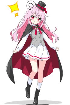 1girl arms_at_sides black_boots black_cape black_hat blush boots bow buttons cape closed_mouth commentary_request dot_nose full_body grey_vest hat hat_bow highres kotatsu-mazoku long_hair long_sleeves looking_at_viewer miniskirt neck_ribbon original partial_commentary pink_hair pleated_skirt red_bow red_cape red_eyes red_ribbon ribbon shirt simple_background skirt smile socks solo sparkle standing standing_on_one_leg top_hat two-sided_cape two-sided_fabric vest white_background white_shirt white_skirt white_socks