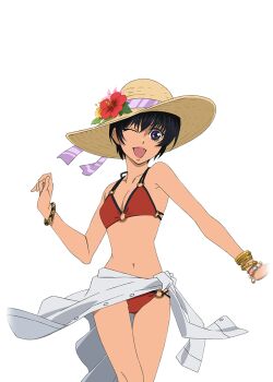 Rule 34 | 1girl, ;d, armpits, beads, bikini, black hair, bracelet, clothes around waist, flower, game cg, hat, hat flower, jewelry, midriff, navel, o-ring, o-ring bikini, o-ring bottom, o-ring top, official alternate costume, official art, one eye closed, open mouth, pink flower, purple eyes, red bikini, red flower, rutee katrea, rutee katrea (summer), short hair, smile, solo, sun hat, swimsuit, tales of (series), tales of asteria, tales of destiny, transparent background, very short hair, yellow flower