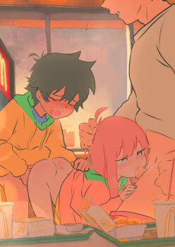 1girl 2boys age_difference ahoge ass black_hair blush bottomless bright_pupils character_request closed_eyes clothed_sex cum daughter_(yoru_mac) doggystyle drink drinking_straw ejaculation fellatio food fry-kun_(yoru_mac) furrowed_brow grabbing_another&#039;s_hair group_sex hetero highres holding_another&#039;s_hair hood hoodie jcm2 kodomo_doushi loli long_hair mcdonald&#039;s mmf_threesome moaning multiple_boys nose_blush older_male_and_younger_female open_mouth oral orange_hair orange_hoodie penis sex sex_from_behind short_hair shota spitroast thighs threesome torogao tsurime white_pupils yellow_hoodie yoru_mac
