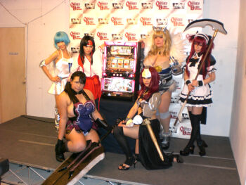 Rule 34 | asian, black hair, blonde hair, breasts, cattleya (queen's blade), cattleya (queen's blade) (cosplay), chouzuki maryou, cosplay, glasses, looking at viewer, luu (cosplayer), multiple girls, photo (medium), plump, queen's blade, thick thighs, thighs