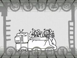 2girls angel angel_girl angewomon animated demon demon_girl digimon digimon_(creature) fallen_angel gerusyu head_wings kotatsu ladydevimon long_hair mask multiple_girls table video watching_television wings