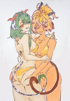 animal_ears ass bikini blonde_hair blue_eyes breasts colored_sclera commentary cow_ears cow_girl cow_horns cow_tail crelly dark-skinned_female dark_skin dr_4_real english_commentary gold_bikini grabbing_another's_ass green_hair grey_sclera groping heart_tail_duo heterochromia horns indie_virtual_youtuber koko_d._nuts large_breasts mole mole_on_breast mole_under_mouth monkey_ears monkey_girl monkey_tail multicolored_hair open_mouth pink_eyes pink_hair ponytail red_eyes saliva saliva_trail swimsuit tail virtual_youtuber white_hair yuri