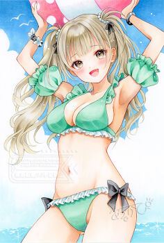 1girl armband armpits arms_up arukapismillust ball beachball bikini blonde_hair blush bow bow_bikini breasts brown_eyes commentary_request cowboy_shot day frilled_bikini frills green_armband green_bikini groin large_breasts long_hair marker_(medium) navel open_mouth original outdoors smile solo standing stomach swimsuit traditional_media twintails watermark wispy_bangs