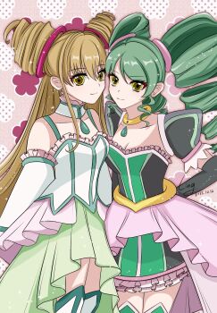 Rule 34 | 2girls, black gloves, blonde hair, breasts, brown hair, chinese commentary, choker, cleavage, commentary request, dress, drill hair, earrings, elbow gloves, english text, frills, gloves, green hair, green skirt, halloween, highres, jewelry, lan ruobing, lan ruobing (pristess), long hair, magical girl, multiple girls, qiaolingling bushiling, signature, skirt, smile, thighhighs, twin drills, twintails, wheel of fortune (zhandou wang zhi jufeng zhan hun), yellow eyes, zettai ryouiki, zhandou wang zhi jufeng zhan hun