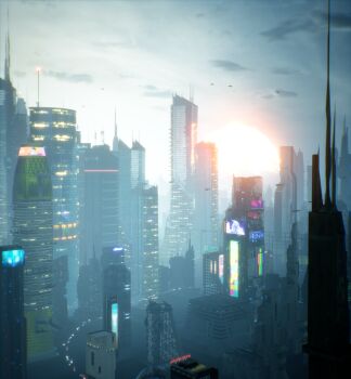 3d absurdres building city city_lights cityscape cloud cloudy_sky commentary_request highres motoshi_(nzxg7878) no_humans original outdoors photorealistic realistic scenery science_fiction sky skyline skyscraper sun sunset