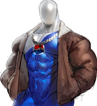 1boy bara blue_bodysuit bodysuit brown_jacket chain chain_necklace commentary covered_collarbone covered_navel english_commentary grey_mask hands_in_pockets highres jacket jewelry male_focus muscular muscular_male necklace papyuuno pepsiman pepsiman_(game) simple_background skin_tight solo white_background