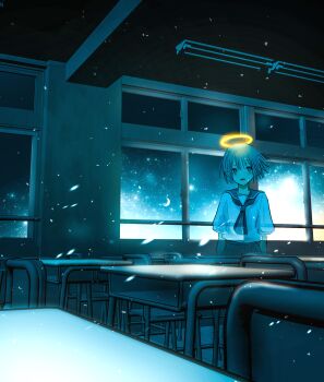 1girl absurdres arms_at_sides chair classroom commentary_request crescent_moon desk ghost glowing glowing_halo grey_hair grey_neckerchief grey_sailor_collar grey_skirt halo highres indoors moon neckerchief negative_space night nor_ni original sailor_collar school_chair school_desk shirt short_hair short_sleeves skirt solo standing star_(sky) traditional_halo white_shirt window