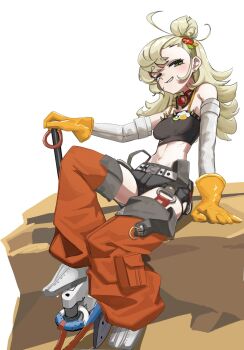 Rule 34 | 1girl, black helmet, black shorts, blonde hair, breasts, combat helmet, crop top, detached pants, dondobi, flamethrower, gloves, goggles, goggles around neck, green eyes, hair bun, helmet, highres, holding, holding flamethrower, holding weapon, long hair, looking at viewer, midriff, navel, orange gloves, pickelhaube, piper wheel, shorts, simple background, small breasts, solo, spiked shirt, weapon, white background, yellow gloves, zenless zone zero