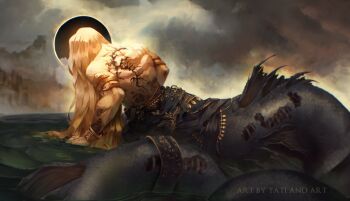1boy absurdres armlet artist_name back_muscles biceps blonde_hair bone cloud cloudy_sky commentary elden_ring english_commentary godwyn_the_golden highres jewelry long_hair male_focus merman monster_boy muscular muscular_male rotting scar sky solo tatiandart1