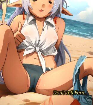 1boy 2girls absurdres beach bikini blue_shorts cameltoe censored closed_eyes cloud collarbone day elf english_text fern_(sousou_no_frieren) frieren grey_hair highres injury khyle. multiple_girls on_ground open_mouth panties pee pointy_ears puddle purple_hair sand sandals shirt short_shorts shorts sitting sky sousou_no_frieren stark_(sousou_no_frieren) subtitled swimsuit thumbs_up twintails underwear water white_bikini white_shirt