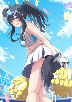 1girl absurdres animal_ears black_hair blue_archive blue_eyes blue_sky blush ccveru cheerleader cloud commentary_request day dog_ears dog_girl dog_tail goggles goggles_on_head halo hibiki_(blue_archive) hibiki_(cheer_squad)_(blue_archive) highres holding holding_pom_poms long_hair looking_at_viewer millennium_cheerleader_outfit_(blue_archive) official_alternate_costume open_mouth pom_pom_(cheerleading) pom_poms skirt sky solo stadium star_(symbol) star_sticker sticker sticker_on_face tail yellow_halo