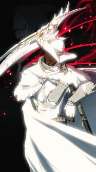 1boy armor arms_behind_back bara beard belt_pouch black_background black_nails cloak dark-skinned_male dark_skin ear_piercing facial_hair final_fantasy final_fantasy_xiv floating_cape full_beard gloves hat_covering_eyes highres leaning_on_weapon looking_at_viewer male_focus muscular muscular_male mustache_stubble nail_polish piercing pouch reaper_(final_fantasy) red_claws scythe sharp_armor shirt silver_armor sketchywindow skull_head smile stubble warrior_of_light_(ff14) white_armor white_cloak white_gloves white_shirt white_sleeves