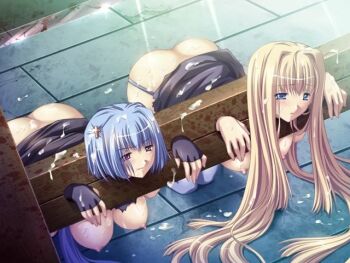 Rule 34 | 2girls, ass, bdsm, bent over, black gloves, blonde hair, blue eyes, blue hair, blush, bondage, bound, bound wrists, breasts, breasts out, butt crack, closed mouth, cum, cum on body, cum on breasts, cum on head, cum on lower body, cum on upper body, erotica black, facial, female focus, fingerless gloves, game cg, gloves, hanging breasts, kneeling, long hair, louis&amp;visee, multiple girls, nipples, no bra, no panties, pillow, purple eyes, seima no tenbin, short hair, torn clothes