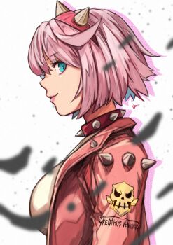 Rule 34 | 1girl, absurdres, ahoge, aqua eyes, bob cut, breasts, collar, commentary, elphelt valentine, guilty gear, guilty gear strive, hairband, highres, huge ahoge, jacket, large breasts, momo juice, pink collar, pink hairband, pink jacket, short hair, smile, solo, spiked collar, spiked hairband, spiked jacket, spikes, untranslatable commentary, upper body, white hair