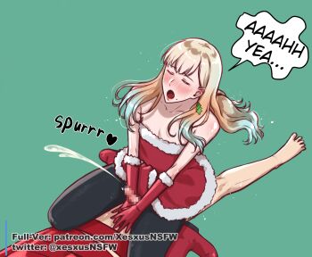 2boys blonde_hair censored cum dress ejaculation gloves highres kneeling long_hair multicolored_hair multiple_boys red_dress red_gloves santa_costume santa_dress tagme text_background trap watermark xesxus yaoi