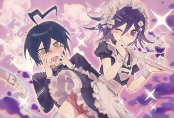 Rule 34 | 2boys, @ @, ahoge, alternate costume, apron, black dress, black hair, blush, commentary, crossdressing, crossdressing (mtf), cup, danganronpa (series), danganronpa v3: killing harmony, dice hair ornament, dress, drinking glass, enmaided, eyelashes, flipped hair, frilled apron, frilled dress, frills, full-face blush, hair between eyes, hair ornament, highres, holding, holding tray, jacket, licking lips, long sleeves, looking at viewer, maid, maid apron, maid headdress, male focus, male maid, male underwear, medium hair, multiple boys, oma kokichi, one eye closed, open mouth, pinstripe jacket, pinstripe pattern, puffy short sleeves, puffy sleeves, purple background, purple eyes, purple hair, purple theme, ringed eyes, saihara shuichi, short dress, short hair, short sleeves, smile, sparkle, spilling, striped clothes, striped jacket, surprised, thigh strap, tongue, tongue out, trap, tray, tujiang6, underwear, waist apron, white apron, wide-eyed, wine glass, wrist cuffs, yaoi, yellow eyes