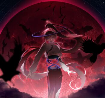 1girl belt bird bisected black_necktie blue_eyes blue_halo blue_tongue brown_hair brown_pants chinese_commentary collared_shirt colored_tongue commentary_request eyes_visible_through_hair feet_out_of_frame full_moon halo highres long_hair long_sleeves moon necktie open_mouth original pants pink_pupils ponytail rafag red_belt red_moon sanpaku shirt solo transverse_plane_cutting tsurime very_long_hair white_shirt