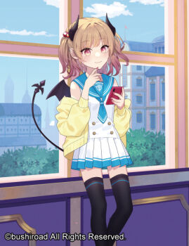1girl black_thighhighs brown_eyes brown_hair cardfight!!_vanguard cellphone commentary_request copyright_notice demon_girl demon_horns demon_tail demon_wings dress horns indoors official_art phone pleated_skirt red_nails sailor_collar sailor_dress short_hair skirt sleeveless smartphone solo suguri_(neroli) tail thighhighs wings