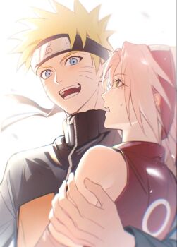 Rule 34 | blonde hair, blue eyes, commentary request, facial mark, flak jacket, forehead protector, haruno sakura, jacket, konohagakure symbol, kryu0415, naruto (series), naruto shippuuden, pink hair, short hair, smile, spiked hair, uzumaki naruto, whisker markings