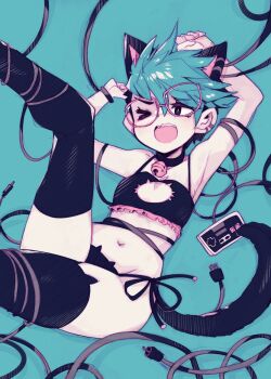 &gt;_o 1girl animal_ear_hairband animal_ears aqua_background aqua_hair arms_up bell black_thighhighs cable cat_cutout cat_ear_hairband cat_ears cat_lingerie cat_tail clothing_cutout commentary controller english_commentary fake_animal_ears flat_chest game_controller hairband highres mika_(paroro) navel neck_bell one_eye_closed original panties parororo pink-framed_eyewear short_hair side-tie_panties solo tail thighhighs underwear