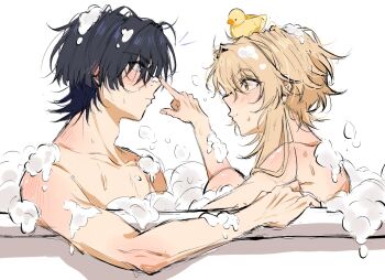 1boy 1girl adam&#039;s_apple alternate_body_size bare_shoulders bathtub black_hair blonde_hair blunt_ends blush bubble closed_mouth collarbone couple dintoge ear_blush eyelashes finger_to_another&#039;s_nose fingernails from_side genshin_impact grey_eyes hand_up hetero highres in_bathtub index_finger_raised looking_at_another lumine_(genshin_impact) multicolored_hair neck_blush pectorals purple_hair rubber_duck scaramouche_(genshin_impact) shared_bathing short_hair short_hair_with_long_locks shoulder_blush sidelocks soap_bubbles streaked_hair tareme white_background wispy_bangs